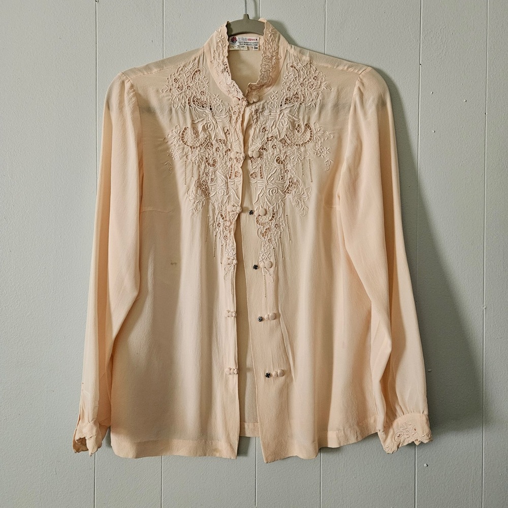 80s Peony Silk Blouse Women Hand Embroidered Floral Lace Timeless Asian Size 36
